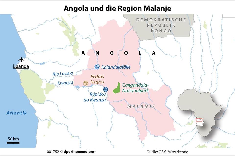 Die Region Malanje, zentral in Angola gelegen, ist etwa so groß wie Bayern und Baden-Württemberg zusammen – und birgt touristisches Potenzial.dpa-infografik/dpa-tmn