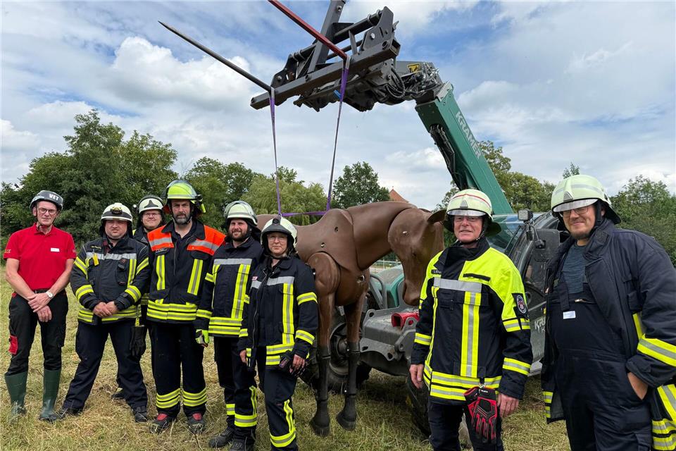 Die Rettung großer Tiere will gelernt sein. Einsatzkräfte der Feuerwehr üben an einem Pferde-Dummy unter Leitung des niederländischen Tierarztes und Rettungsexperten Ronald Rongen (l.)Michael Bauer/dpa