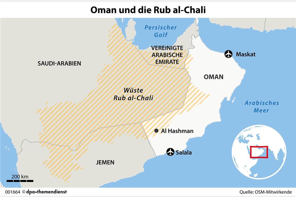Nomade auf Zeit in der größten Sandwüste der Welt Die Rub al-Chali ist die größte Sandwüste der Welt und erstreckt sich über mehrere Staaten.dpa-infografik/dpa-tmn