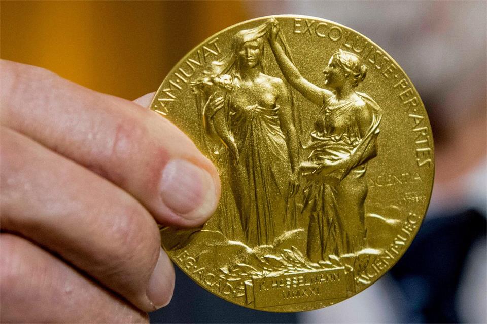 Die Rückseite der Nobel-Medaille für Physik stellt die Natur in Form einer Göttin dar, die aus den Wolken auftaucht und ein Füllhorn hält. (Illustration)Stefanie Loos/AP-Pool/dpa