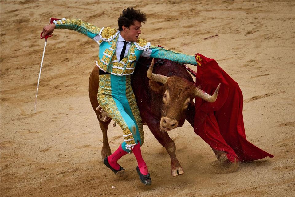 Die Stiere, die am Morgen während des San-Fermín-Festes im nodspanischen Pamplona durch die Altstadt getrieben werden, sterben am späten Nachmittag in der Stierkampfarena. (Archiv-Bild)Miguel Oses/AP/dpa