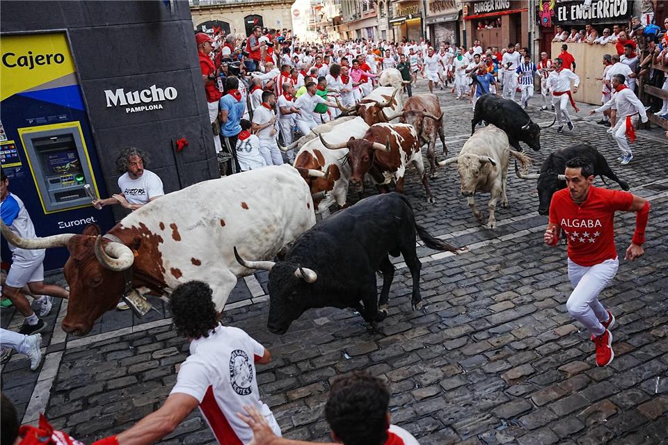 Die Stierhatzen im nordspanischen Pamplona sind schnell und gefährlich. Beim ersten von acht Läufen gab es zum Glück nur Leichtverletzte. Die Bullen aber sterben am späten Nachmittag in der Stierkampfarena.Miguel Oses/AP/dpa
