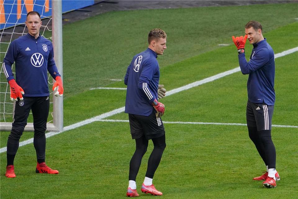Die Torhüter Marc-Andre ter Stegen (l-r), Bernd Leno und Manuel Neuer.Marcus Brandt/dpa