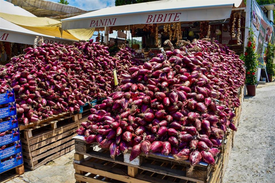 Die charakteristischen roten Tropea-Zwiebeln werden zu Zöpfen geflochten und dann auf dem Markt verkauft. Sie gehören ebenfalls ins Pastagericht „Fileja con Nduja“.Ute Müller/dpa-tmn