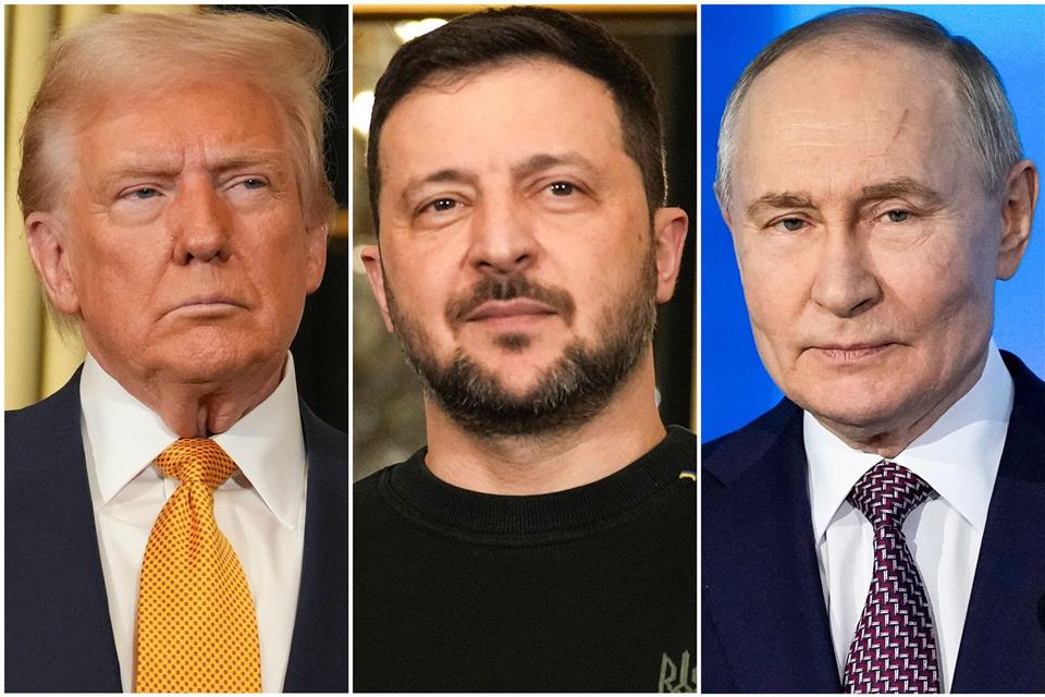 Die drei Präsidenten Trump, Selenskyj und Putin (von links) verhandeln über eine Lösung im Ukraine-Krieg. (Archivbild)Morissard/Bednyakov/AP/dpa