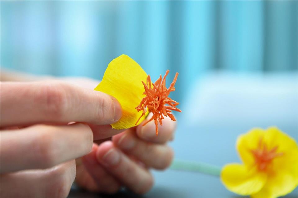 Die einzelnen Blütenblätter immer etwas versetzt um die Blütenfüllung arrangieren und unten festkleben.Zacharie Scheurer/dpa-tmn