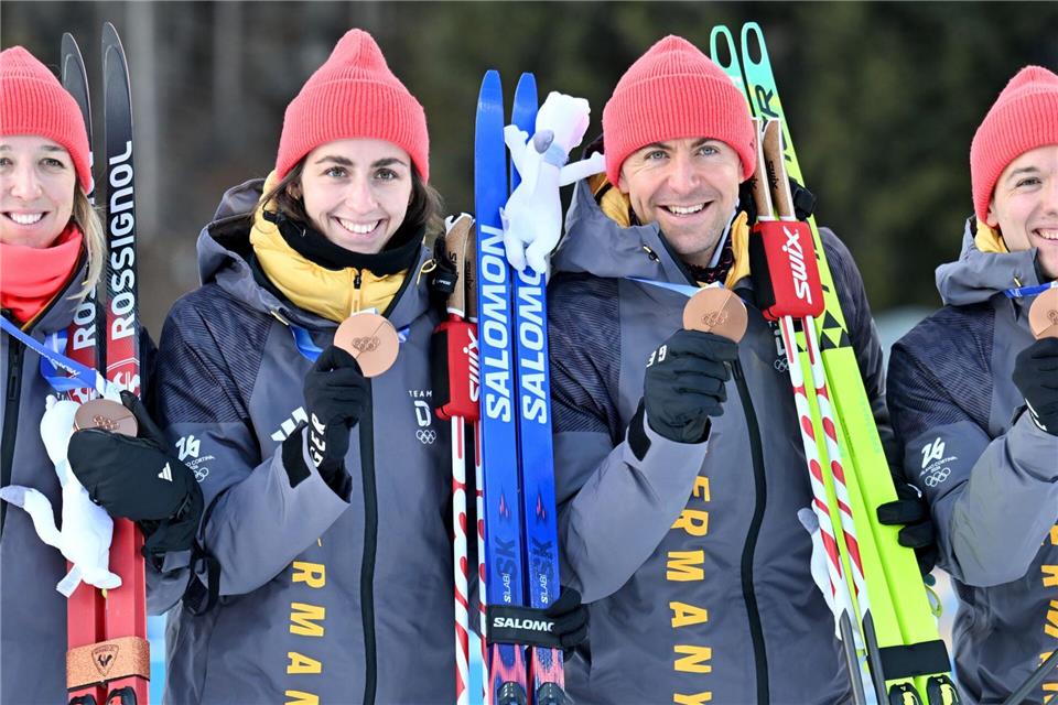 Die erste Medaille ist für Preuß, Voigt, Nawrath und Strelow (von links nach rechts) gesichert.Hendrik Schmidt/dpa