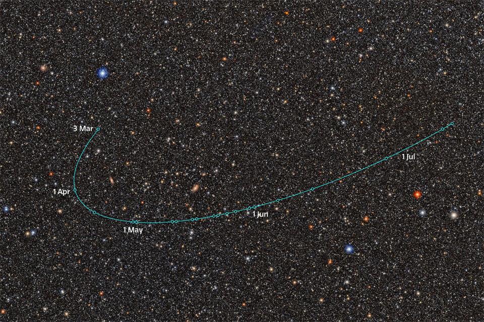 Diese Illustration zeigt die Umlaufbahn des neu entdeckten Zwergplaneten-Kandidaten 2026 ED138 (ED138), wie er vom NSF-DOE Vera C. Rubin Observatory beobachtet wurde.NSF–DOE Vera C. Rubin Observatory/NOIRLab/SLAC/AURA Acknowledgement: Image Processing: M. Jurić (UW), D. de Martin & M. Zamani (NSF NOIRLab)/NSF’s NOIRLab/dpa