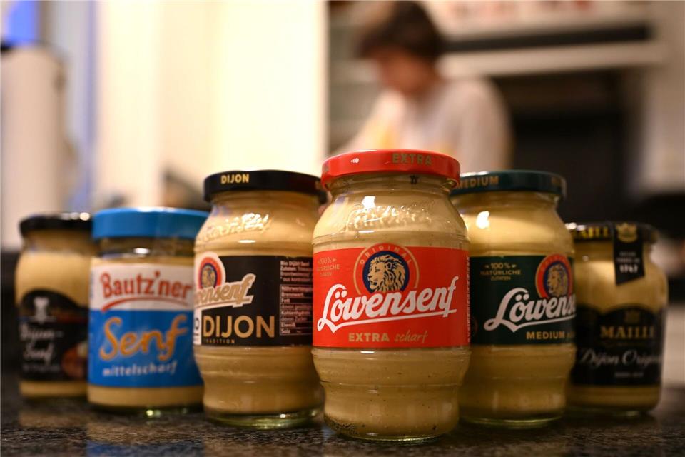 Drei Senfsorten von Löwensenf, umrahmt von Konkurrenzprodukten. Wolf von Dewitz/dpa