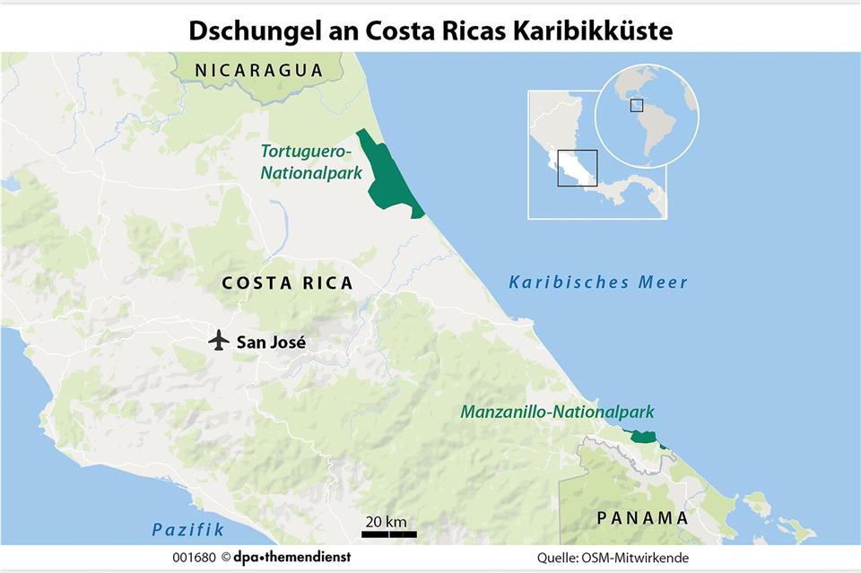 Dschungel am Meer: Auf Touren in Nationalparks wie Tortuguero und Manzanillo können Urlauber exotische Tiere von Faultier bis Tukan in freier Wildbahn erleben.dpa-infografik/dpa-tmn