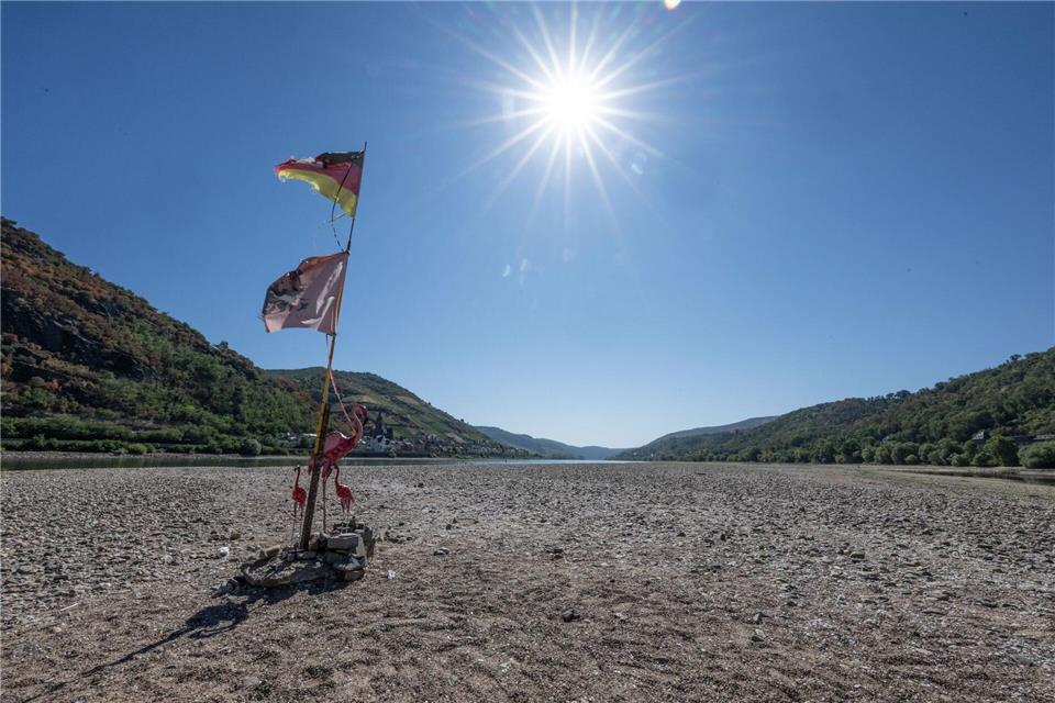 Dürre am Mittelrhein: Ein improvisierter Fahnenmast mit zwei drei rosa Flamingos steht im ausgetrockneten Rheinbett bei BacharachBoris Roessler/dpa