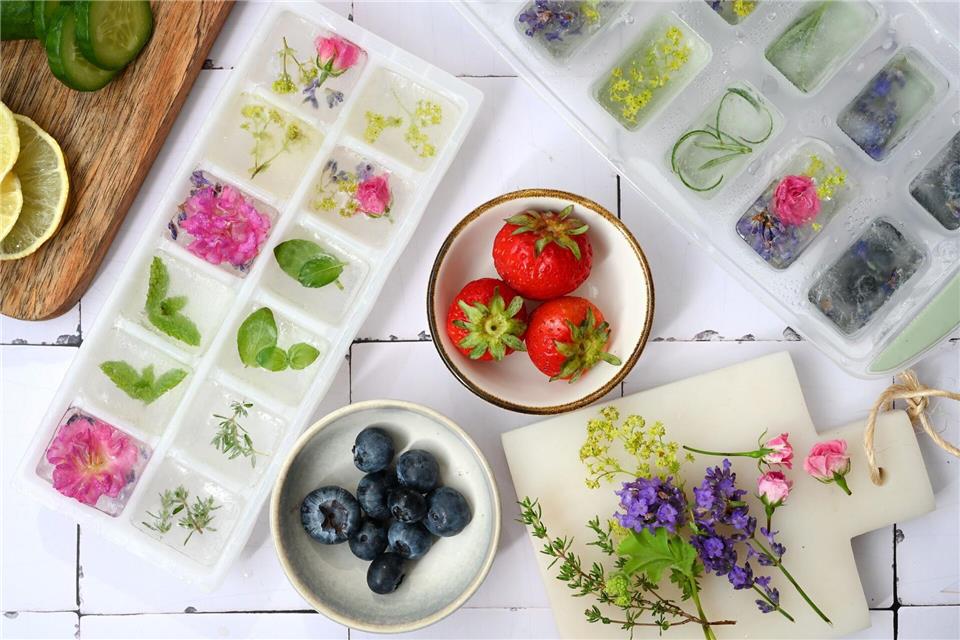 Durch schichtweises Einfrieren von Beeren, Blüten und Kräutern werden einfache Eiswürfel zu kleinen Kunstwerken.Julia Uehren/loeffelgenuss.de/dpa-tmn