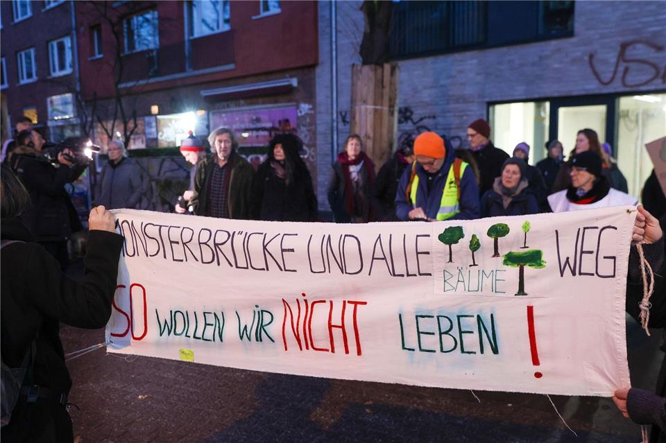 Dutzende Demonstranten protestieren gegen die Fällung von 37 Bäumen für den Neubau der Sternbrücke.  Bodo Marks/dpa