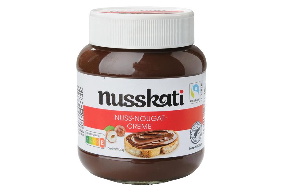 Ebenfalls mit der Note 2,0 bewertet wurde die „Nusskati Nuss-Nougat-Creme“ von Aldi.Ralph Kaiser/Stiftung Warentest/dpa-tmn