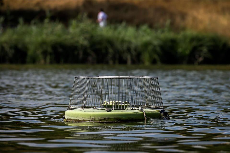 Ein Belüftungsgerät schwimmt auf dem Aasee in Münster. Lars Berg/dpa