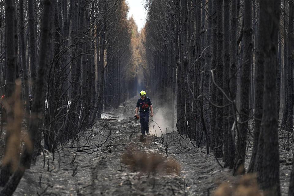 Ein Feuerwehrmann geht während der Waldbrände im Südwesten Frankreichs durch einen verkohlten Wald in der Nähe von Blagon.Baz Ratner/AP/dpa