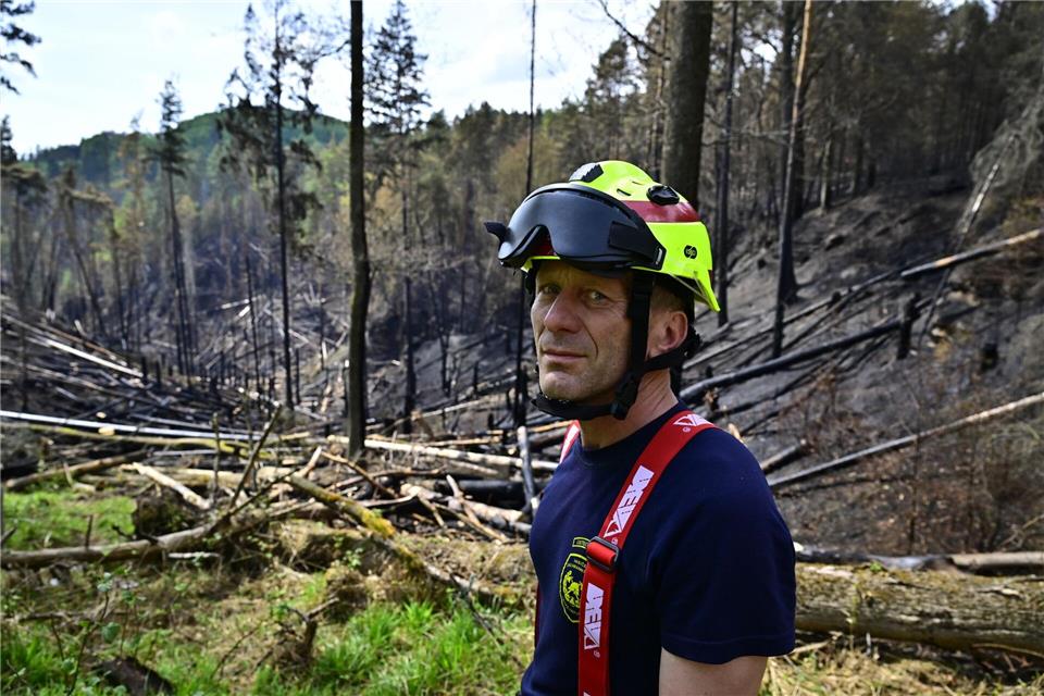 Ein Feuerwehrmann steht in einem Waldbrandgebiet bei Rynartice im Nationalpark Böhmische Schweiz.Hájek Ondøej/CTK/dpa