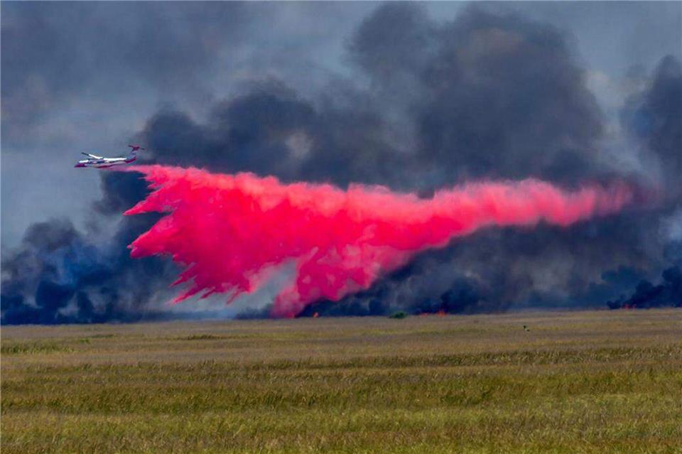 Ein Flugzeug wirft Feuerschutzmittel auf ein großes Waldfeuer.Pedro Portal/TNS via ZUMA Press Wire/dpa