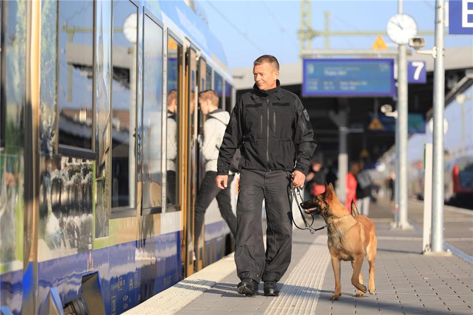 Ein Hundeführer kontrolliert mit seinem Diensthund den Bereich eines Bahnsteigs in Magdeburg. (Archivbild)Peter Gercke/dpa-Zentralbild/dpa