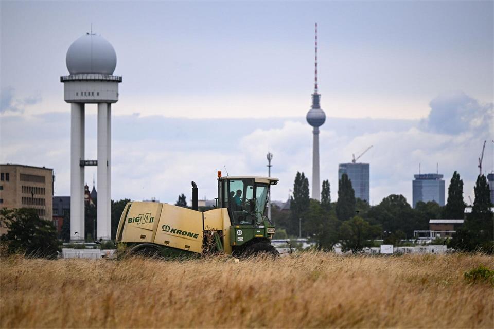 Ein Mähdrescher fährt auf der Tempelhofer Freiheit. Auf dem Tempelhofer Feld hat die jährliche Großmahd des rund 135 Hektar großen inneren Wiesenrings begonnen. Der Schnitt erfolgt in Abstimmung mit dem Naturschutz erst im Spätsommer, sobald die Jungvögel der geschützten Feldlerche flügge sind.Britta Pedersen/dpa
