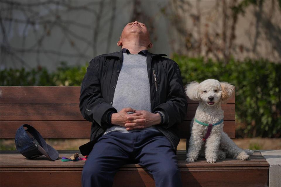 Ein Mann macht ein Nickerchen neben seinem Hund auf einer Bank in Peking.Andy Wong/AP/dpa