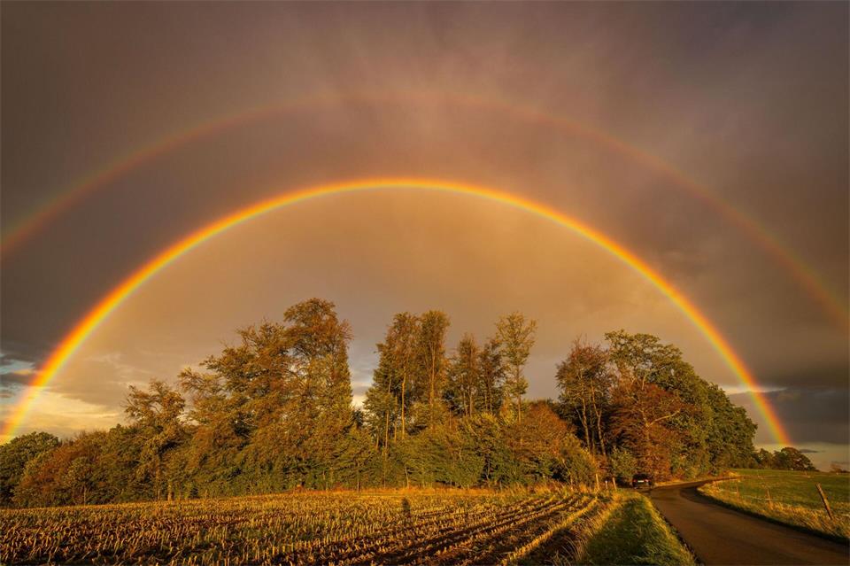 Ein Regenbogen strahlt im Abendlicht in Baden-Württemberg.Alexander Wolf/onw-images/dpa