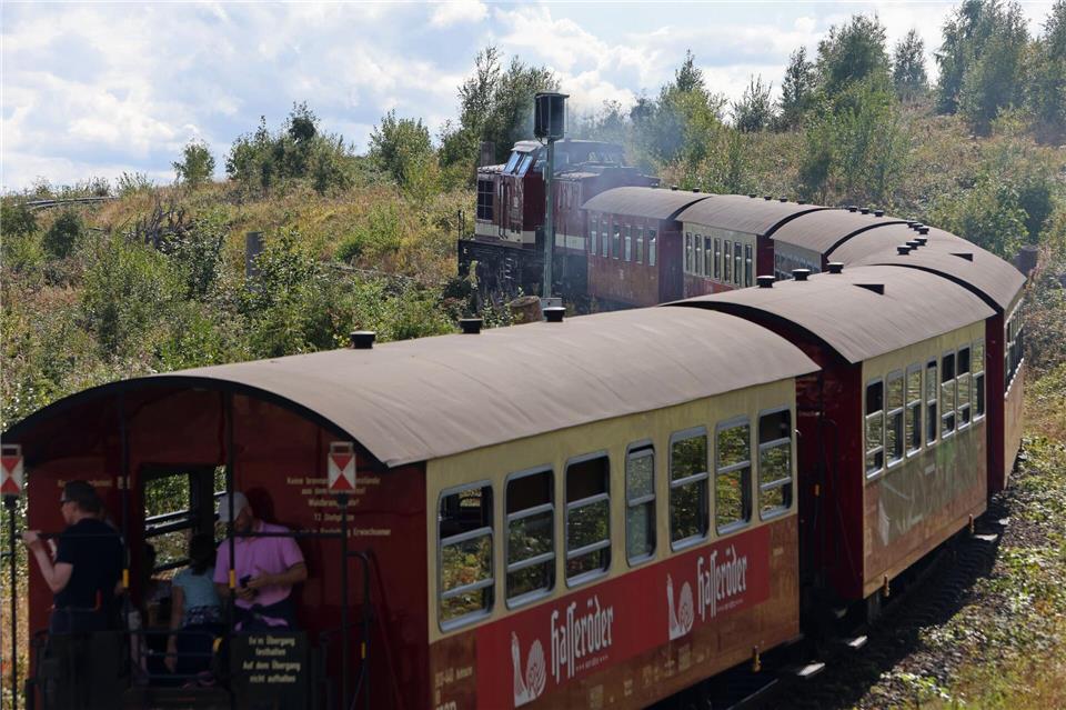 Ein Zug der Harzer Schmalspurbahnen GmbH fährt vom Bahnhof Drei Annen Hohne ab. (Archivbild)Matthias Bein/dpa