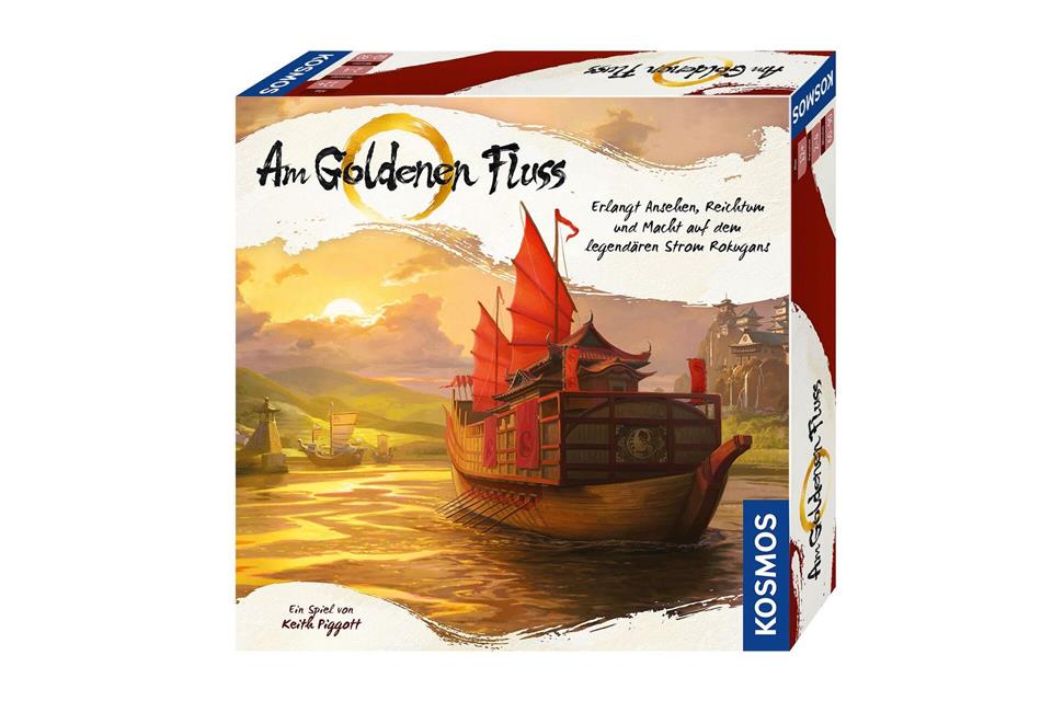 Ein golden glänzender Fluss schlängelt sich über den Spielplan von „Am Goldenen Fluss“. Das Spiel für 2 bis 4 Spielende ab 12 Jahren dauert bis zu eineinhalb Stunden.Kosmos/dpa-tmn