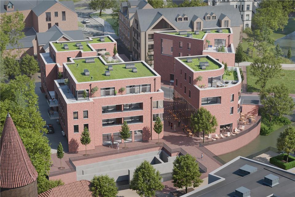 Ein imaginäres Drohnenbild aus südwestlicher Richtung. Auffällig ist die Rundung im rechten Gebäudeteil, der sich dem Verlauf der Borkener Aa anschmiegt.