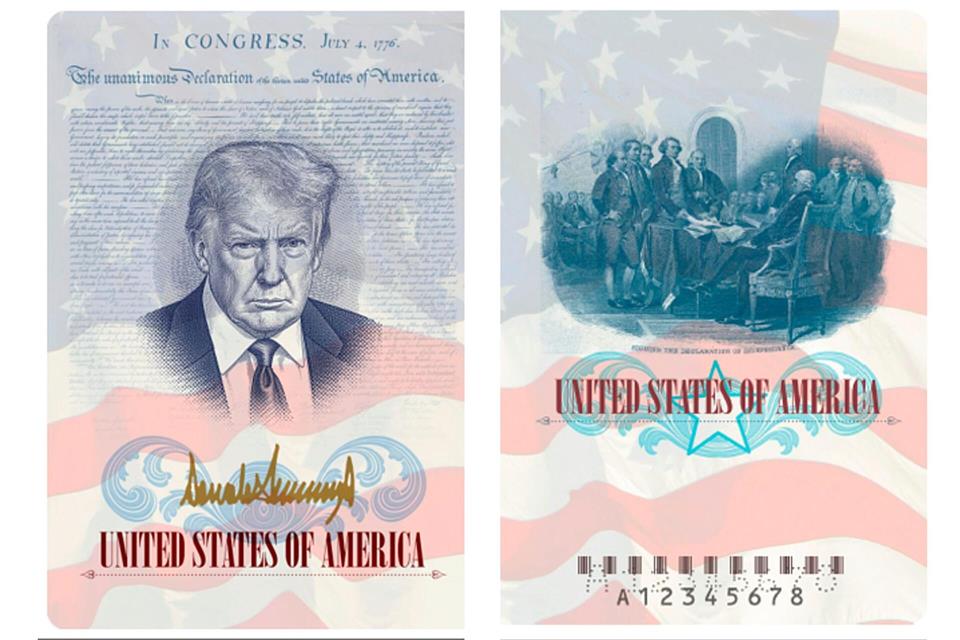 Ein limitierter US-Gedenkpass mit einem Bild von US-Präsident Trump wird vom Außenministerium präsentiert.Uncredited/State Department/AP/dpa