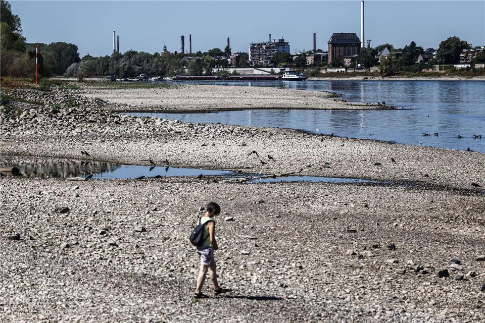 Eine Frau geht bei Niedrigwasser am Rheinufer entlang. Oliver Berg/dpa