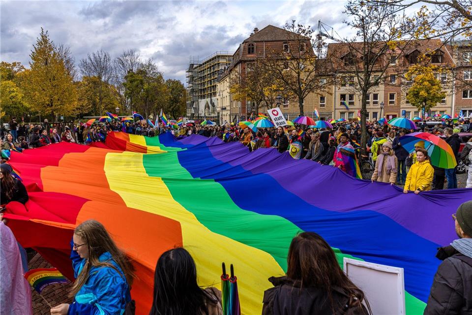 Eine XXL-Regenbogenfahne beim CSD in Cottbus - das Motto des CSD lautete: „Vereint in Frieden und Vielfalt.“Frank Hammerschmidt/dpa