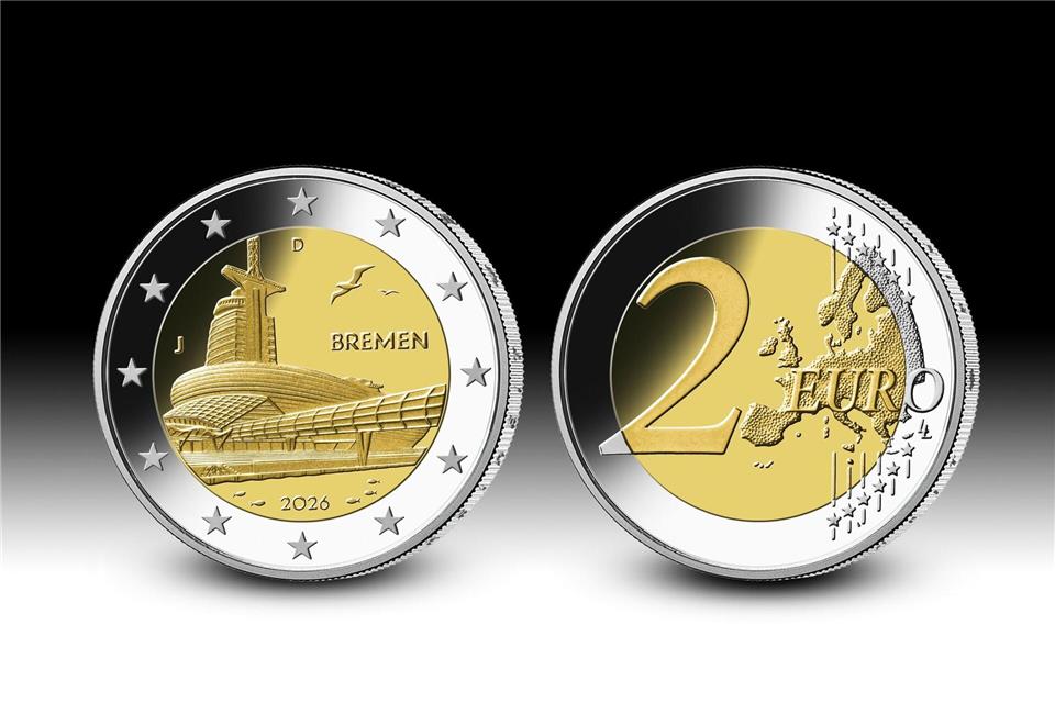 Eine Zwei-Euro-Münze zeigt ein Wahrzeichen aus dem Bundesland Bremen - das Klimahaus Bremerhaven. (Handout)Hans-Jürgen Fuchs/Deutsche Bundesbank/dpa