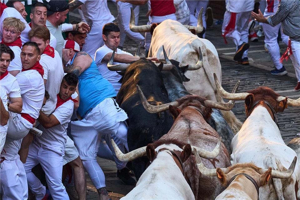 Eine der gefährlichsten Augenblicke des zweiten von insgesamt acht Läufen mit Kampfstieren während des umstrittenen San-Fermín-Festes im nordspanischen Pamplona.Miguel Oses/AP/dpa