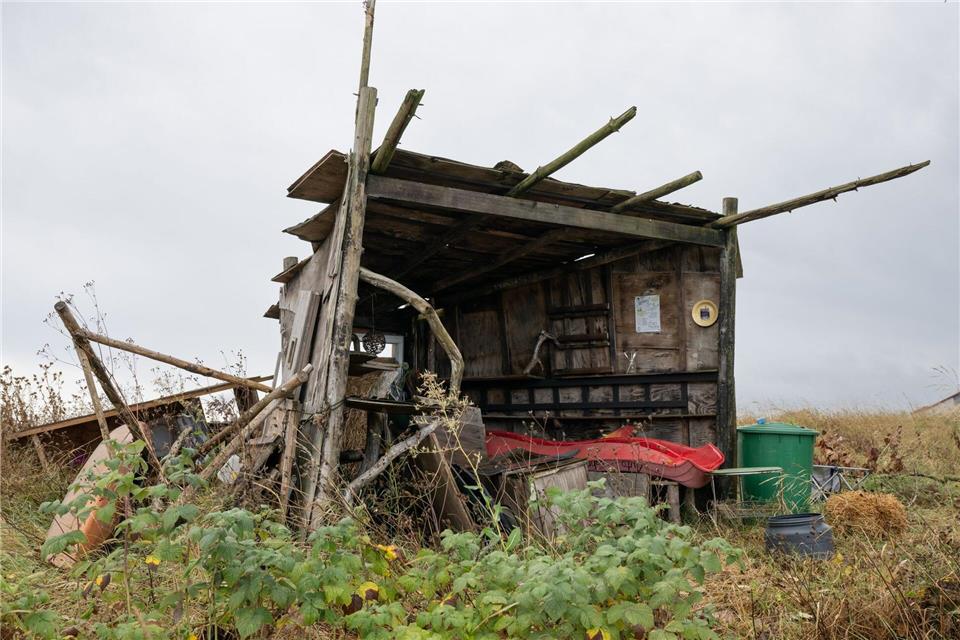 Eine verfallene Hütte zeugt am Ortsrand von Homberg-Dannenrod noch von den massiven Protesten gegen die Rodungen für den Weiterbau der A49 in Mitttelhessen. Foto ProduktionBoris Roessler/dpa