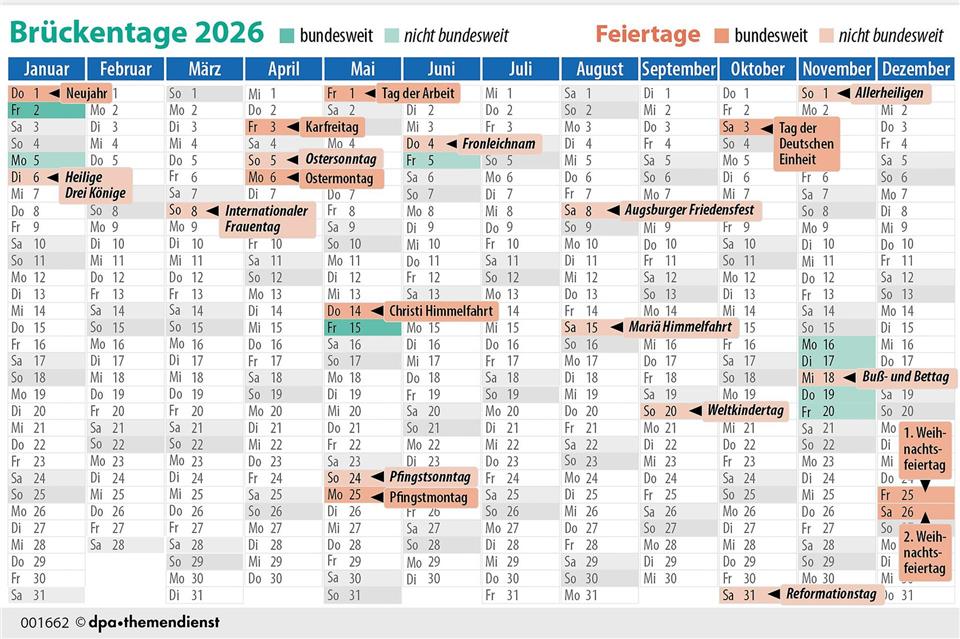 Urlaubsplanung: Brückentage 2026 clever nutzen Einige Feiertage fallen in 2026 auf das Wochenende. Doch manche lassen sich mit einem nahen Wochenende zu einer etwas längeren Auszeit verbinden.dpa-infografik/dpa-tmn