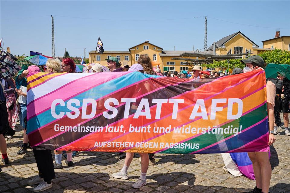 Einige Menschen in der Parade gehen auf Distanz zur AfD, die in der nähe ein Sommerfest abhält.Annette Riedl/dpa