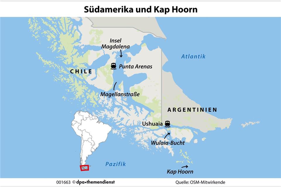 Einmal im Leben durch die südlichen Gewässer Südamerikas: Fjorde, Pinguine, Berge mit Überzügen aus Eis. Die Natur ist großes Kino.dpa-infografik/dpa-tmn