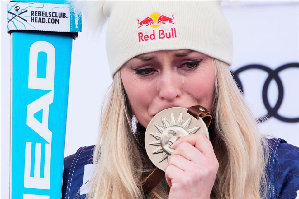 Emotionaler Podestplatz: Lindsey Vonn im März in Sun Valley. (Archivbild)John Locher/AP/dpa