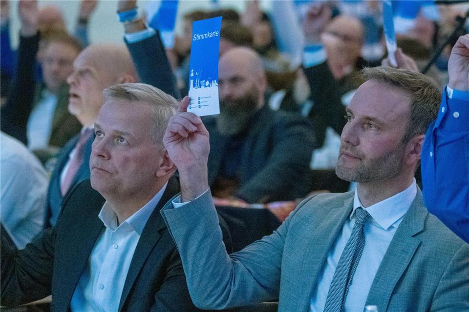 Enrico Schult (r) führt die Landesliste, Leif-Erik Holm kandidiert für das Amt des Ministerpräsidenten. (Archivbild)Stefan Sauer/dpa
