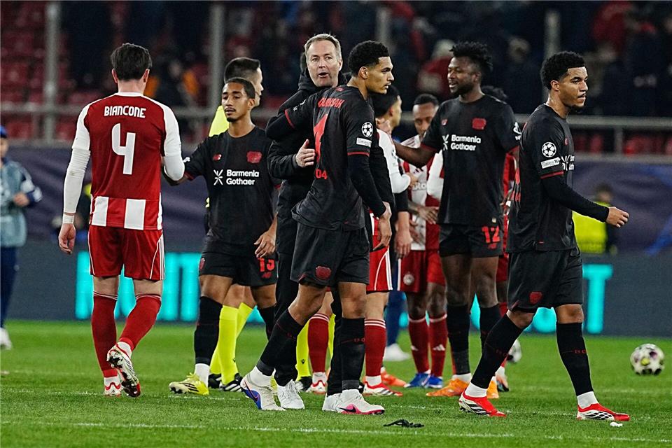 Ergebnis gedreht: Vier Wochen nach dem 0:2 bei Olympiakos Piräus siegte Bayer Leverkusen nun 2:0. Petros Giannakouris/AP/dpa
