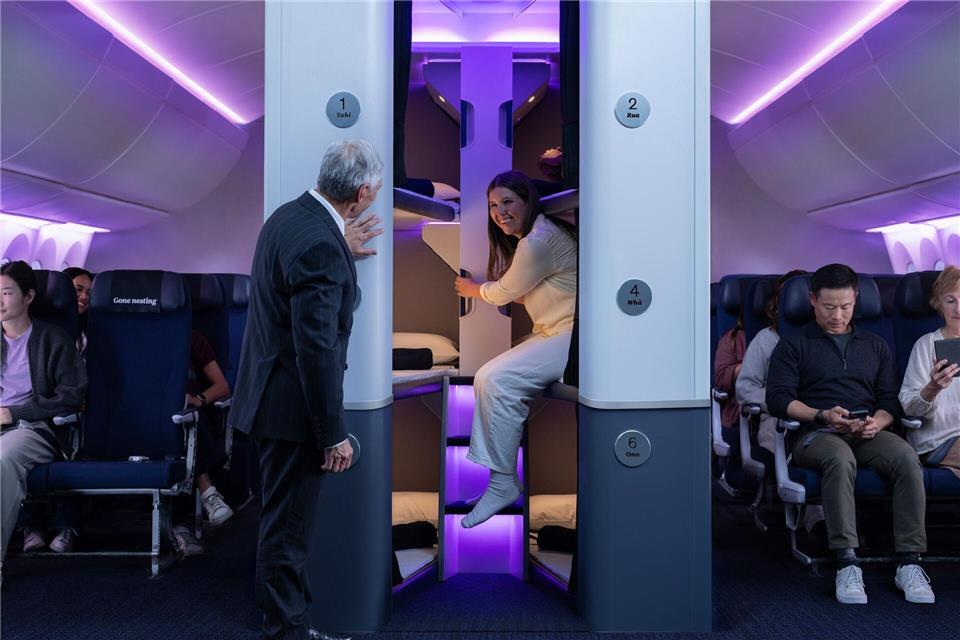 Erinnert ein wenig an Jugendherberge - so soll das „Economy Skynest“ aussehen.Air New Zealand/dpa-tmn