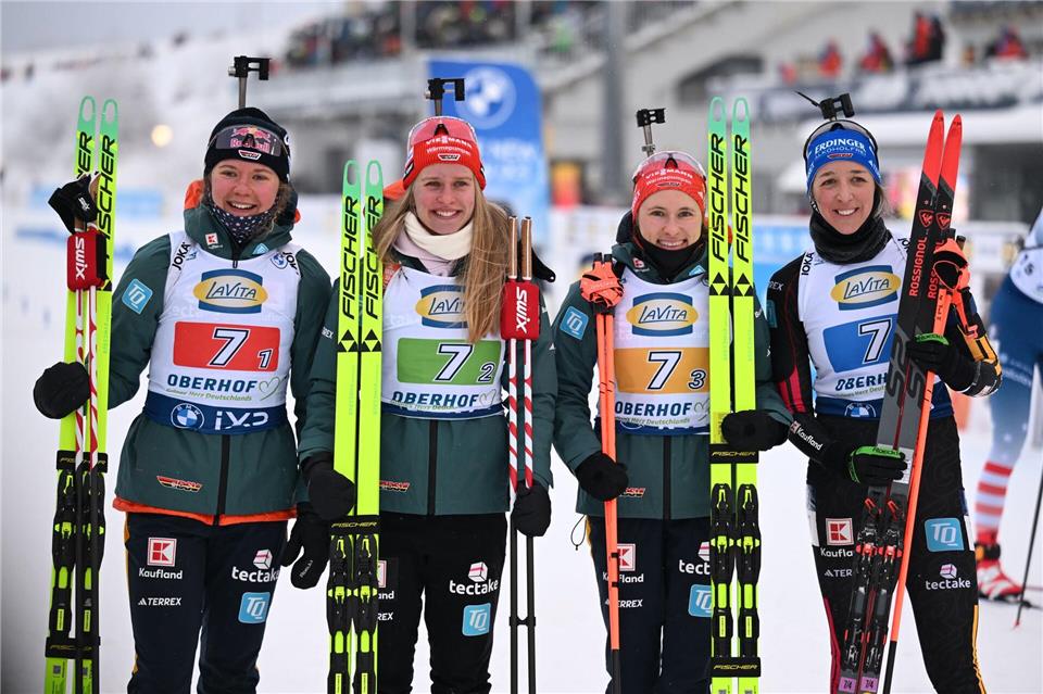 Erkämpften sich Rang drei: Die deutschen Biathletinnen.Hendrik Schmidt/dpa