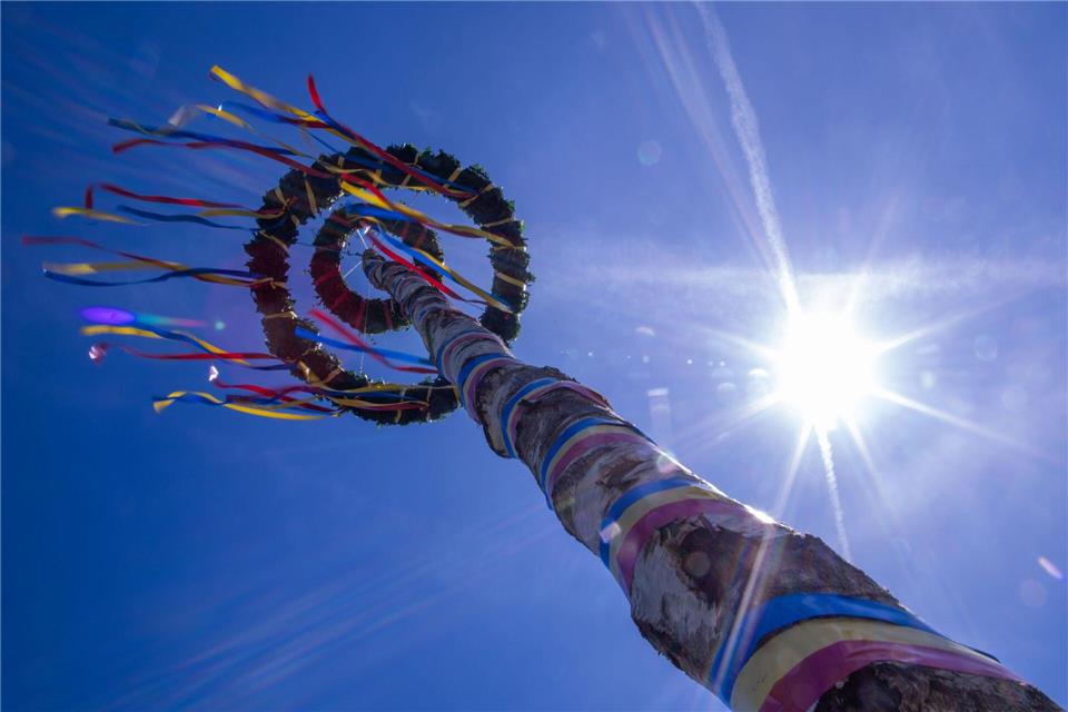 Es gibt meist einen großen Maibaum an zentralen Plätzen der Ortschaften - aufwendig dekoriert und vor dem Aufstellen gut bewacht. (Symbolbild)Jens Büttner/dpa