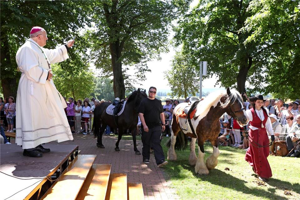 Etwa 150 Pferde wurden bei der traditionellen Pferdewallfahrt an der Kapelle Etzelsbach gesegnet.Matthias Bein/dpa