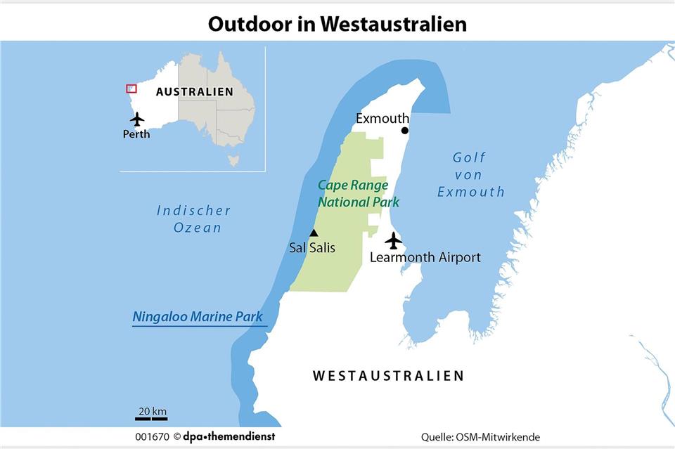 Exmouth ist die Ausgangsbasis für Touren zu den Walhaien und liegt auf der Halbinsel North West Cape. Im Westen des Kaps befindet sich der Cape Range National Park mit dem Ningaloo-Riff vor seiner Küste.dpa-infografik/dpa-tmn