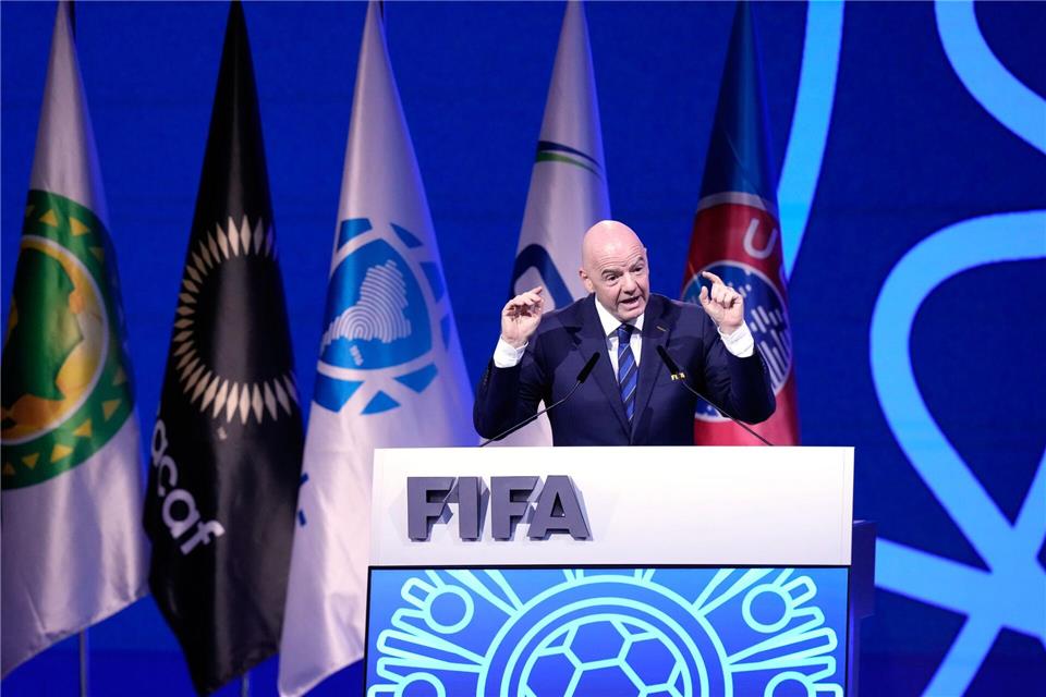 FIFA-Chef Gianni Infantino bei seiner Rede vor dem Kongress des Weltverbandes.Fernando Calistro/AP/dpa