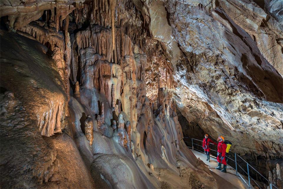 Farbenpracht der Unterwelt: Die Kalksteingebilde glitzern in Weiß, Rostrot, Orange, Moosgrün, Schwarz und erdigem Braun.Borut Lozej/Škocjan Caves Park/dpa-tmn