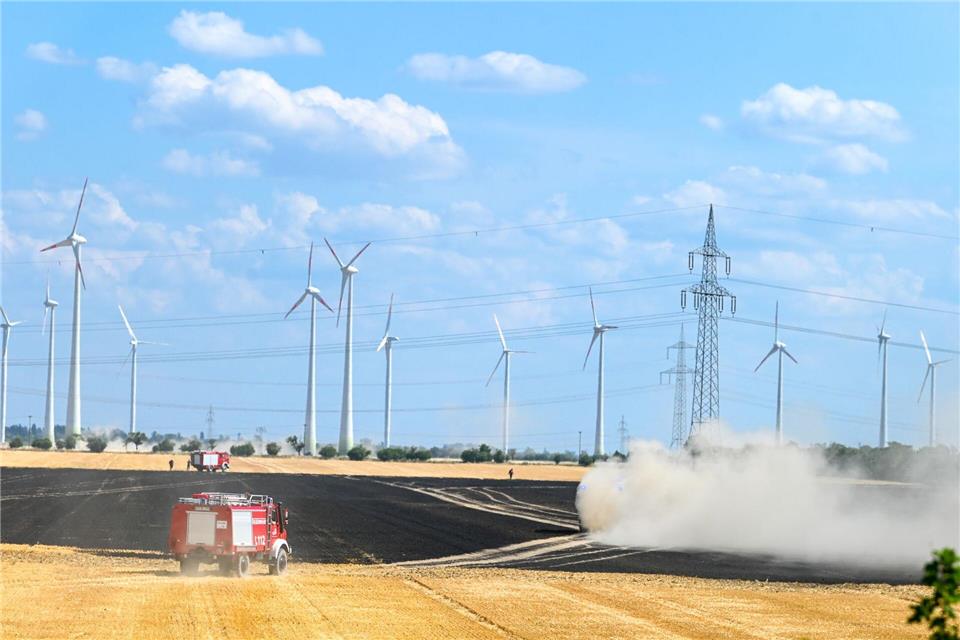 Feuerwehrkräfte bekämpfen einen rund 100 Hektar großen Feldbrand nahe der A9 bei Bitterfeld-Wolfen.Heiko Rebsch/dpa