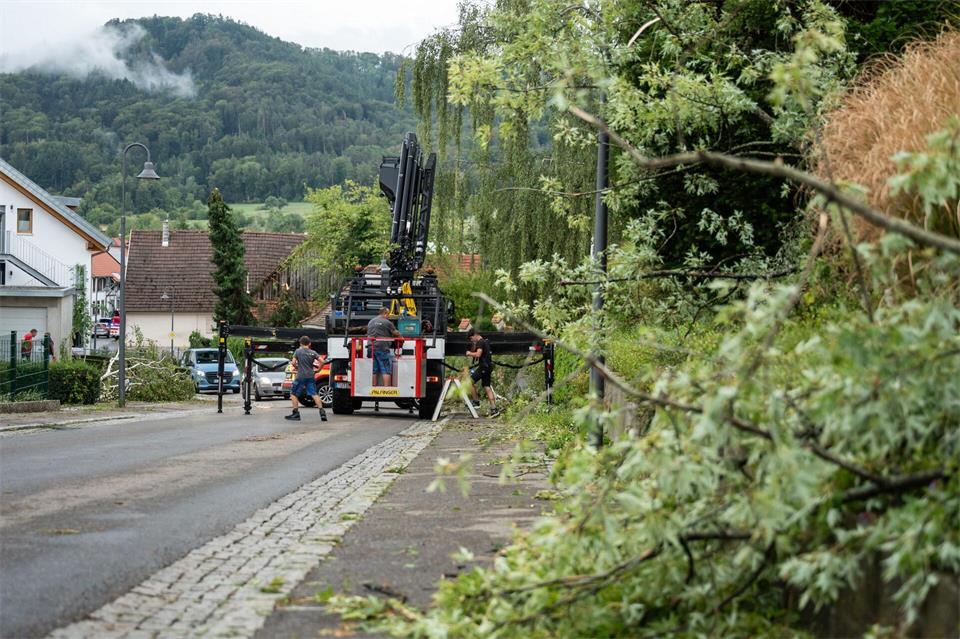 Feuerwehrleute mussten zahlreiche umgestürzte Bäume beiseiteschaffen. Silas Stein/dpa